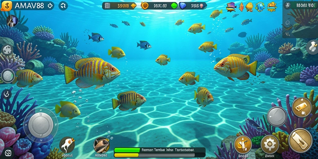 Screenshot gameplay AMAVI88 yang menampilkan aksi menembak ikan.