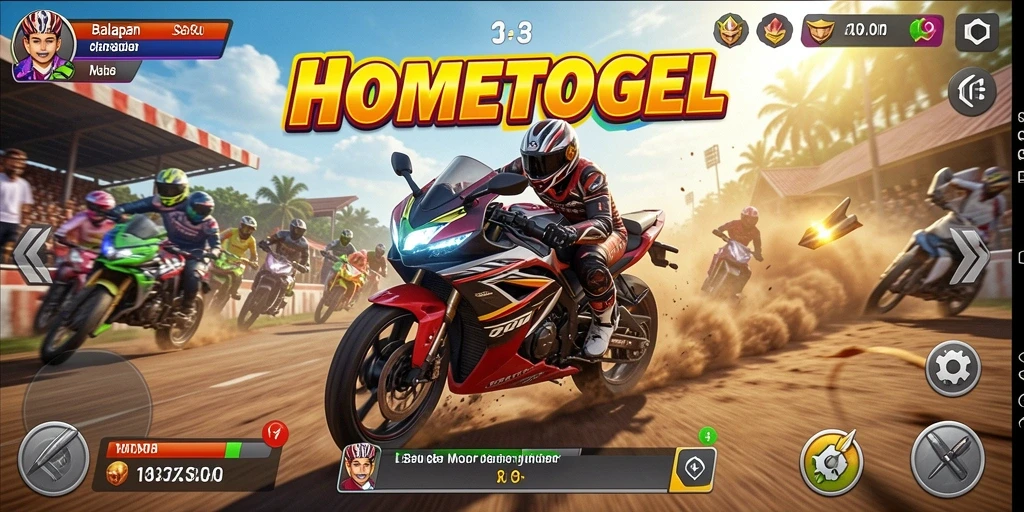 Tampilan gameplay HOMETOGEL dengan balapan motor yang seru.