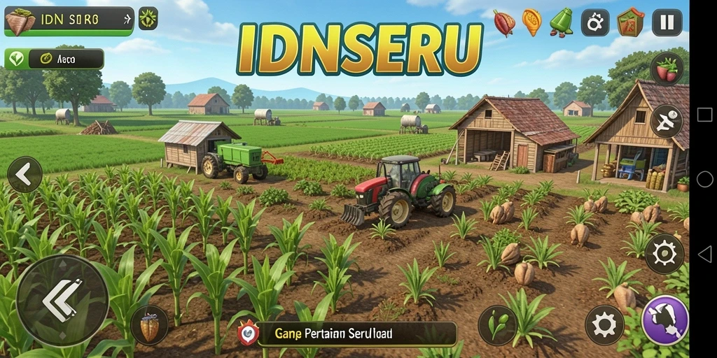 Gameplay <strong>IDNSERU</strong> yang menarik dengan kebun indah dan hewan ternak.