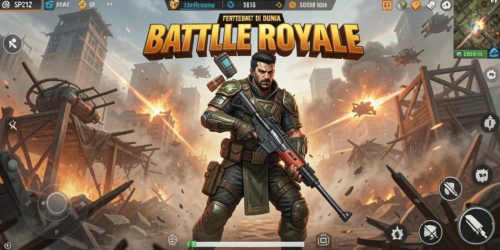 Tampilan gameplay SP212 dengan pertempuran intens di arena Battle Royale.
