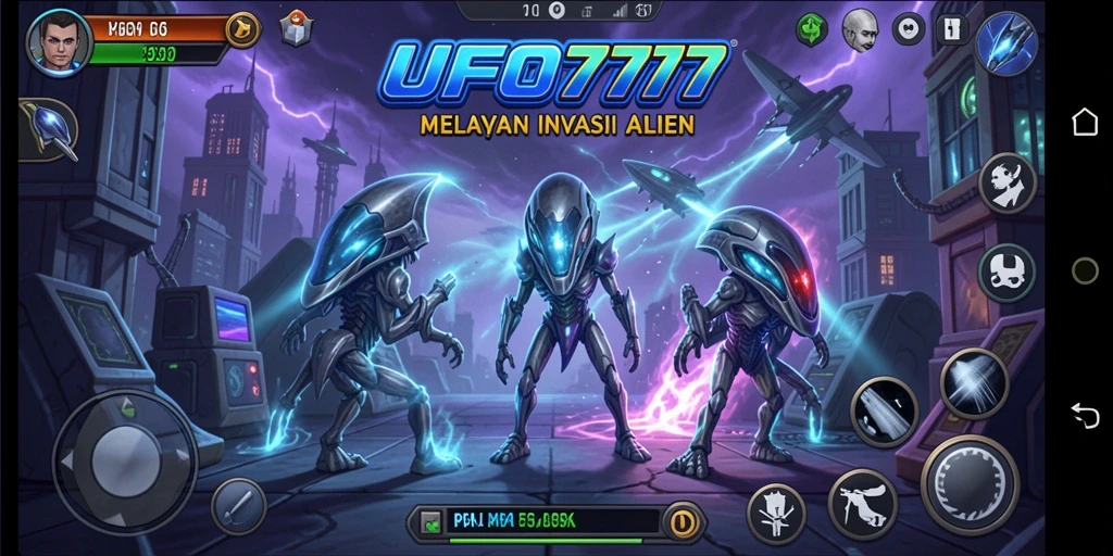 Tampilan gameplay menegangkan saat melawan serangan alien dalam UFO777.